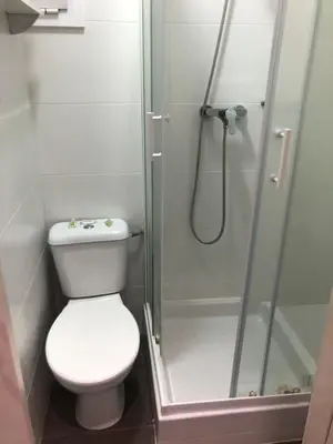 a small bathroom with a toilet and a shower at Hostalin Barcelona Diputacion in Barcelona