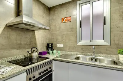 a kitchen with a sink and a stove at Renovated & Classic 3-Bedroom Sagrada Familia Apartment in Barcelona
