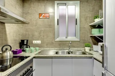 a kitchen with a sink and a counter top at Renovated & Classic 3-Bedroom Sagrada Familia Apartment in Barcelona