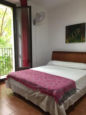 a bedroom with a bed with a purple blanket on it at Pensión Teruel in Barcelona