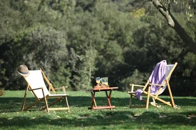 two chairs and a table in the grass at Hotel Rural Can Vila in Sant Esteve de Palautordera