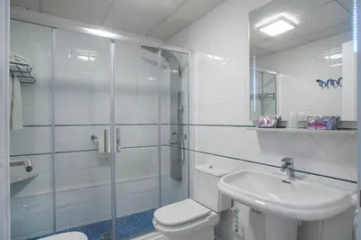 a bathroom with a shower and a toilet and a sink at Hotel Ribes Roges in Vilanova i la Geltrú