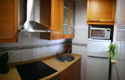 a small kitchen with a sink and a microwave at White Stones Beach In Sant Pol de Mar in San Pol de Mar