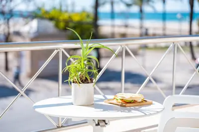 a plant and sandwich on a table on a balcony at MAREA Hotel in Vilanova i la Geltrú