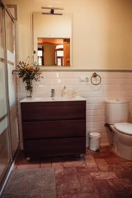 a bathroom with a sink and a toilet and a mirror at El Molí Blanc in Lavid