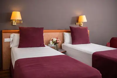 two beds in a hotel room with purple pillows at RVHotels Spa Vila de Caldes - Adults only in Caldes de Montbui