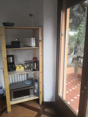 a kitchen with a shelf with a microwave and a window at Casa les Pomeretes in El Figaró