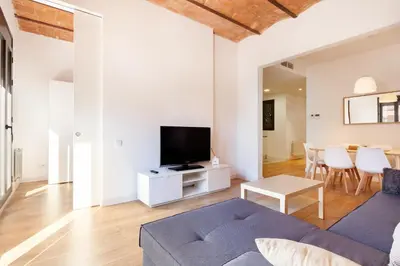 a living room with a blue couch and a tv at Akira Flats Urgell apartment in Barcelona