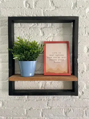 a plant sitting on a wooden shelf with a picture at Bird House in Barcelona