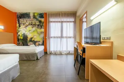 a hotel room with two beds and a flat screen tv at Hotel Pere III El Gran in Vilafranca del Penedès