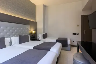 a hotel room with two beds and a flat screen tv at Hotel Ciutadella Barcelona in Barcelona