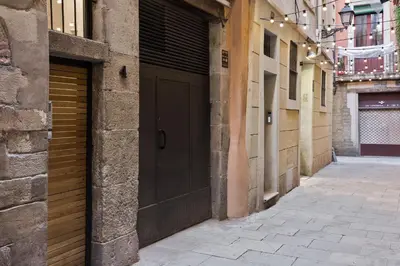 an alley with a black door on a building at Ola Living Born in Barcelona