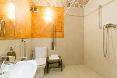 a bathroom with a toilet and a sink and a shower at Masia el Prat in El Pont de Vilomara
