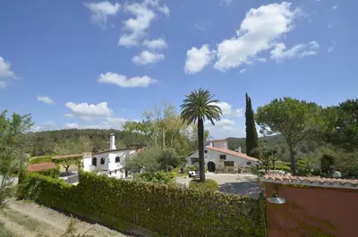 a villa with a fence and a palm tree at Comarquinal Bioresort Penedes in San Quintín de Mediona