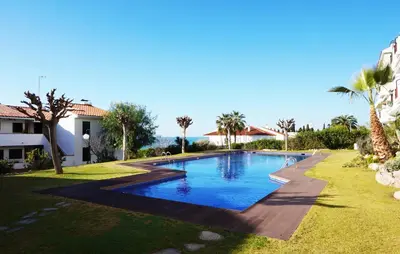 a swimming pool in a yard with palm trees at Cala Balmins Sea View in Sitges