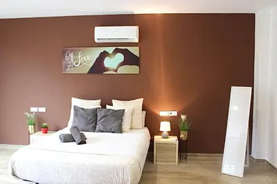 a bedroom with a large bed with a brown wall at Barceló Apartaments in Monistrol