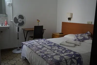 a bedroom with a bed and a desk with a fan at Hostal Sant Carlo in Barcelona