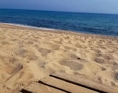 a beach with footprints in the sand next to the water at Confort apartamentos en playa, 3 DRM in Barcelona