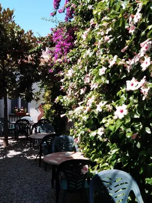 a group of tables and chairs in front of flowers at Hotel Mitus in Canet de Mar