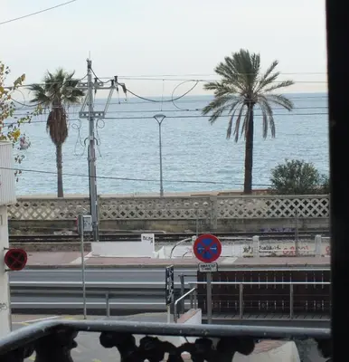 a view of the ocean with palm trees and a street at Hotel Mitus in Canet de Mar