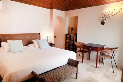 a bedroom with a bed and a desk and a table at La Violeta HOTEL SPA & CHILL OUT in Castelltersol
