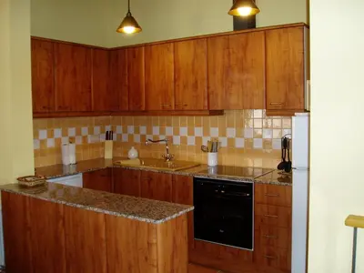 a kitchen with wooden cabinets and a black dishwasher at 17th century farmhouse in Bages, near Montserrat in Castellfullit del Boix