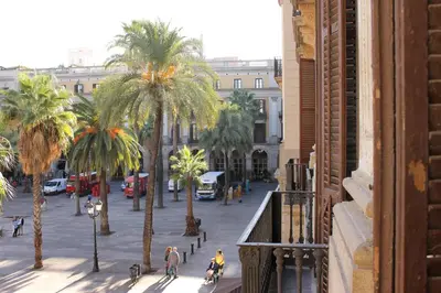 a city street with palm trees and people riding bikes at Pensión Villanueva in Barcelona