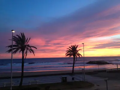 a sunset on the beach with palm trees at Apartamento Primera Linea de Mar, Cunit in Cunit