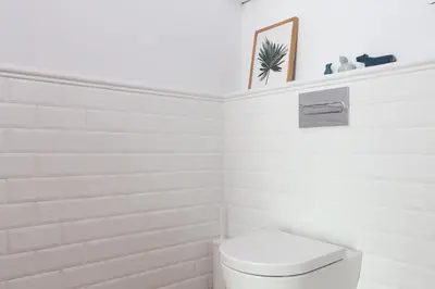 a white bathroom with a toilet and a plant on a shelf at Casa Cosi - Eixample 2 in Barcelona