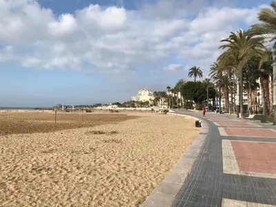 a sandy beach with palm trees and a sidewalk at Discover Sitges Center&Beach, a un minuto del mar in Sitges