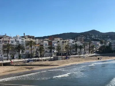 a beach with buildings and palm trees and the ocean at Discover Sitges Center&Beach, a un minuto del mar in Sitges