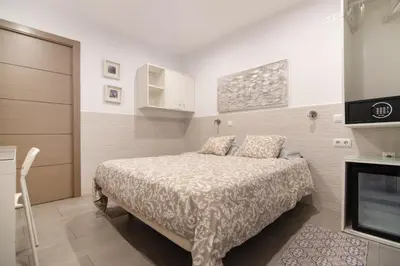 a bedroom with a bed and a flat screen tv at Hostal House in Barcelona