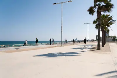people walking on a beach with palm trees and the ocean at Basic Platja in Barcelona