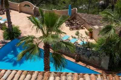an overhead view of a swimming pool with a palm tree at Casa Jasmin at Masia Nur Sitges, Adults only in Canyelles
