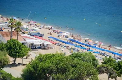 a beach with many people and umbrellas and the ocean at Apartamento Pineda in Pineda de Mar