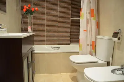 a bathroom with a toilet and a sink and a tub at Apartamentos Navas in Barcelona