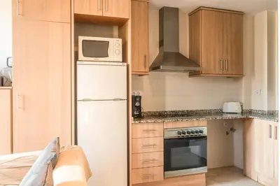 a kitchen with a white refrigerator and a microwave at Apartments HHB in Barcelona