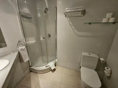 a bathroom with a shower and a toilet and a sink at Hotel Annex - Rey Don Jaime I in Barcelona