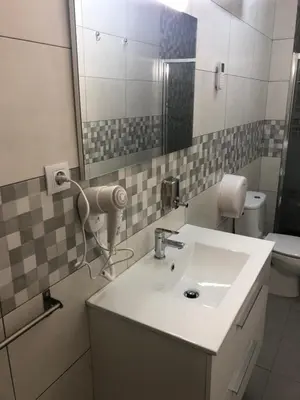 a bathroom with a sink and a mirror and a toilet at Hostal Restaurante Avenida de Madrid in Terrassa