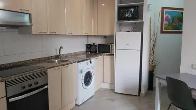a kitchen with a white refrigerator and a dishwasher at Chopin Magic Fountain in Barcelona