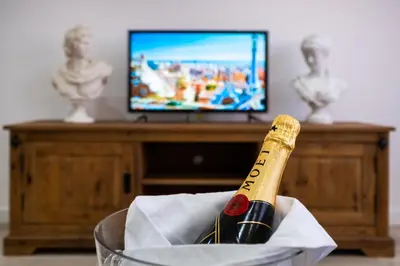 a bottle of champagne in a bowl in front of a television at Lux Apartments Barcelona in Barcelona