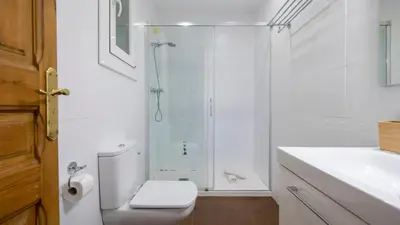 a white bathroom with a toilet and a shower at Acogedor apartamento de 2 dormitorios in Barcelona