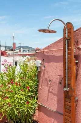 a pink wall with a plant and a street light at Glam Penthouse Barcelona in Barcelona