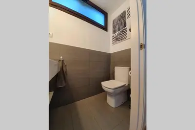 a bathroom with a toilet and a window at Villa Vicente in Canyelles