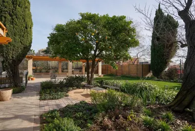 a garden with an orange tree in a park at Hotel Boutique Mirlo Barcelona in Barcelona