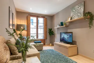 a living room with a couch and a television at Casa PILAR Central By MyRentalHost in Barcelona