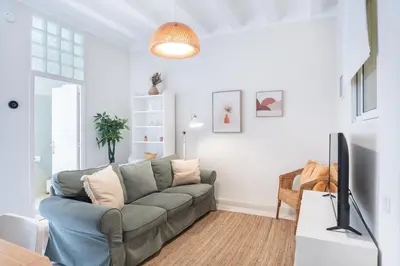 a living room with a couch and a tv at Cozy Apartment in the Heart of Gracia, Barcelona in Barcelona