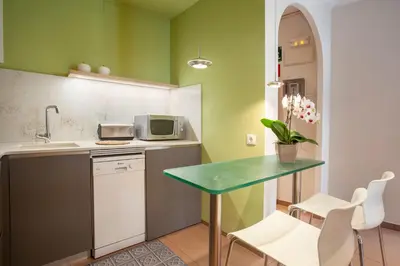 a kitchen with green walls and a table and chairs at BCNGOTIC 41 in Barcelona