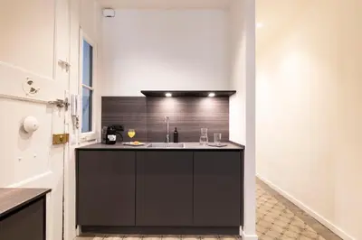 a black and white kitchen with a sink at AB Centric Universitat in Barcelona