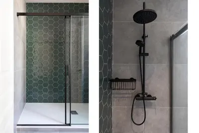 two pictures of a shower with a glass door at AB Centric Universitat in Barcelona